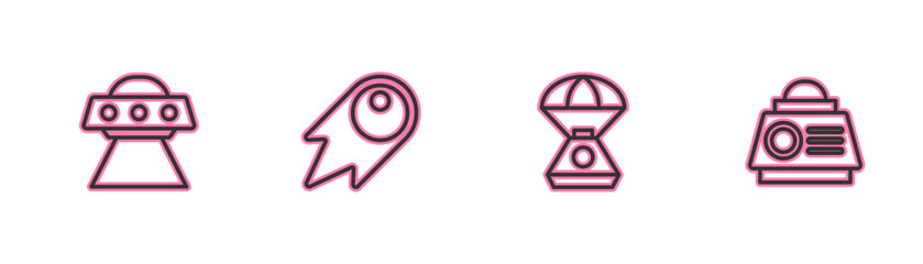 Set line UFO flying spaceship, Space capsule, Comet falling down fast and icon. Vector