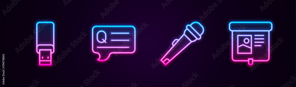 Poster set line usb flash drive, speech bubbles with question, microphone and projection screen. glowing ne