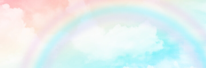 Obraz na płótnie Canvas Panorama view magic rainbow fantasy cloud background fluffy sky white landscape with sunny rays. Pastel colors dreams unicorn concept