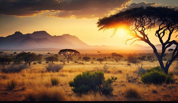 A majestic and serene African savanna with lush generative ai