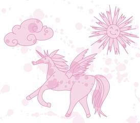 pink unicorn with wings and sun. sketch new picture