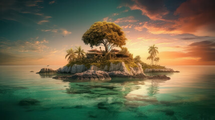 Obraz premium Surreal Tropical island paradise with bright blue water and dark green trees.Generative AI
