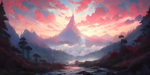 Gordijnen sunrise in the mountains, dark sunset over landscape oil painting with giant snow covered mountain in the background and lush forest with waterfalls in the foreground, Generative AI © Ameer