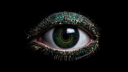 eye made of computer board parts, data network and cyber security technology,  Futuristic tech of virtual cyberspace and internet secure surveillance, binary code digital eye, generative ai