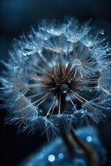 Dandelion seed with water drops turned into ice in backlight against a dark background. wallpaper.Generative AI