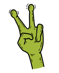 Alien hand with V sign gesture, peace sign in doodle cartoon style