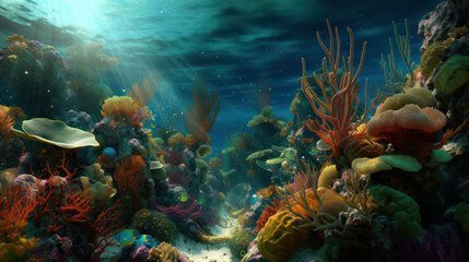 Naklejka na ściany i meble Underwater panorama of the coral world. coral reef ocean light underwater. Generative AI