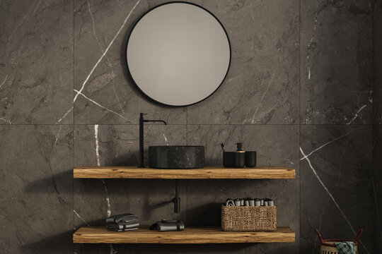 A close-up view of a minimalist wooden vanity with a black sink, featuring a standable product display area. Perfect for product showcasing in a bathroom setting.3d rendering