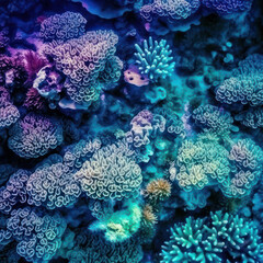 Fototapeta premium Background corals underwater deep, from above the rays of light. Generative AI