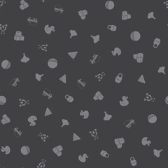 Kids toys freehand drawings doodle seamless pattern. Hand drawn toys elements background. Textile prints, covers, greeting cards. Bear, whirlgig, nesting doll. Vector Illustration.