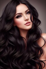 Naklejka premium Beautiful black-haired girl with a perfectly curls hair. Ai Generated