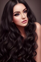 Fototapeta premium Beautiful black-haired girl with a perfectly curls hair. Ai Generated