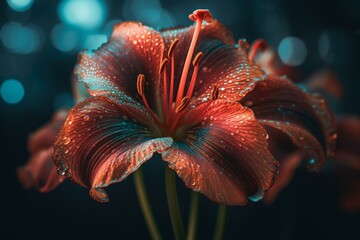 Glowing colorful amaryllis abstract with lines and dots. Generative AI