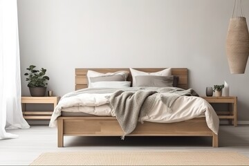 bedroom with wooden bed and pillows. Generative ai