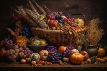 Obraz na płótnie Canvas Colorful autumn cornucopia illustration. Thanksgiving harvest art. Generative AI