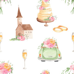 Watercolor Wedding Seamless Pattern - collection hand drawn romantic elements isolated on white background for decor fabric, postcards, invitation, templates