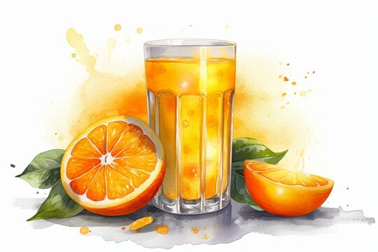 Watercolor clipart of orange juice on white background. Generative AI