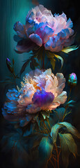 Naklejka na ściany i meble A beautiful painted flower coming out of the dark. flower on a dark background. Design for walls, photo wallpapers, wallpapers, photo wallpapers, postcards, postcards. Generative AI