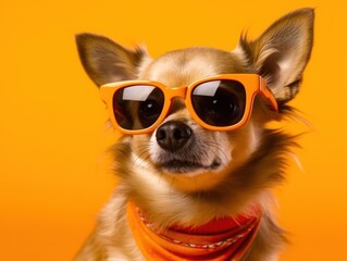 Funny little dog in glasses at orange background. Generative AI