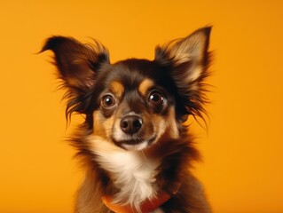 Funny little dog at orange background. Generative AI