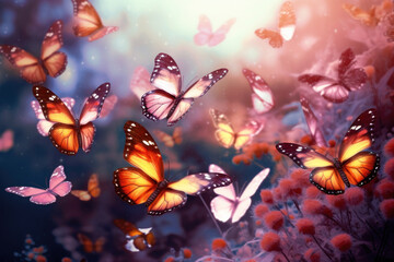 Colorful butterflies flying in the magical forest with a blurry background. Generative ai.