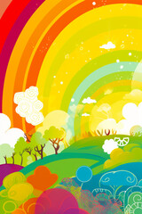 Rainbow colored landscape with trees, clouds, and rainbow - colored sky. Generative AI.