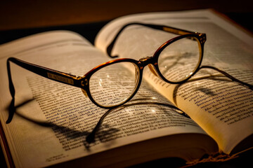 Pair of glasses sitting on top of open book on table. Generative AI.