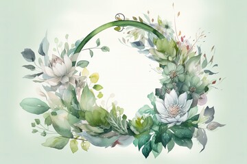White Flowers Wreath With White Circle Watercolor. Generative AI