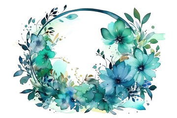 Turquoise Flowers Wreath With White Circle Watercolor. Generative AI