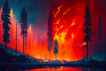 Fototapeta na wymiar Image of fire burning in forest next to body of water. Generative AI.