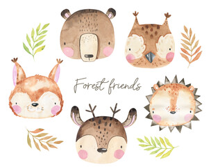 Watercolor illustration of forest animals on a white background. Clipart set for kids woodland. Bear, owl, deer, hedgehog, deer, squirrel. Cute hand drawn cartoon animals. Poster. Isolated objects.