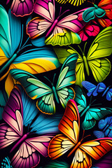 Obraz na płótnie Canvas Bunch of colorful butterflies on black background with blue sky in the background. Generative AI.