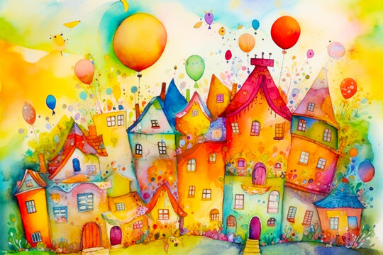 Watercolor painting of town with balloons flying over the top of it. Generative AI.