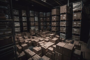 Goods in boxes arranged vertically in a warehouse for keeping. Generative AI