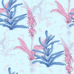 Hand drawn Lavender seamless flowers repeat pattern. Surface pattern design. Elegant lavender background. Vintage sketch. Botanical illustration. Vector pattern or card design.