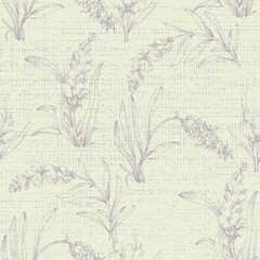 Hand drawn Lavender seamless flowers repeat pattern. Surface pattern design. Elegant lavender background. Vintage sketch. Botanical illustration. Vector pattern or card design.