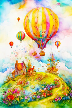Image of house on hill with hot air balloons in the sky. Generative AI.