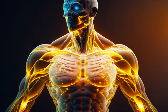 Human skeleton with glowing muscles and muscles highlighted in yellow and blue lights. Generative AI.