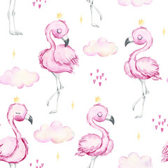 Seamless pattern with cute pink flamingos, clouds and hearts on white background. Princess. Watercolor illustration for children. Girly print for fabric, clothing, kids room. Boho kids texture.