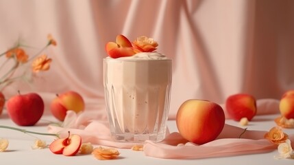 Apple milkshake in a mug on the table with apples. Summer delicious drink on a orange background. AI generated