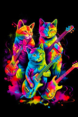 Group of cats sitting next to each other with guitars in front of them. Generative AI.