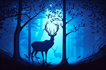 Deer standing in the middle of forest under full moonlit sky. Generative AI.