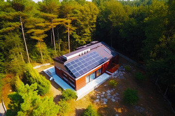 Aerial view of house with solar panel on top of it. Generative AI.