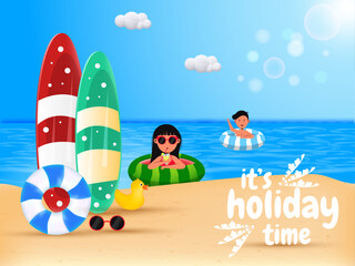 Summer holidays tourism banner, poster vector illustration. People chill out on sea vector illustration.
