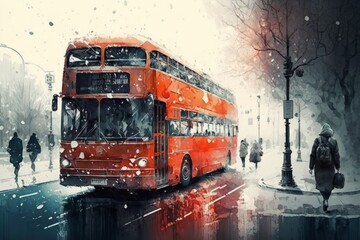 Image of an orange bus on the street, watercolor, transportation concept