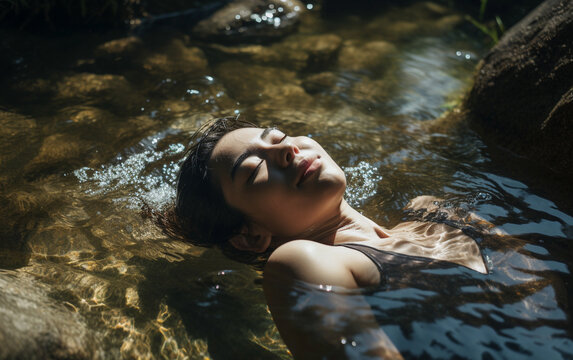 Lifestyle portrait of young woman relaxing in stream, Generative AI
