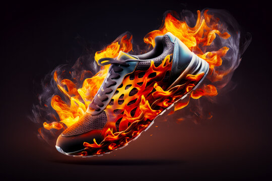 Pair of shoes with fire on the bottom of the shoe and the bottom of the shoe on fire on the bottom of the shoe. Generative AI.