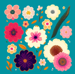 Set of flat floral stickers on a turquoise background. Vector illustration for print