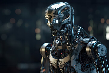 Fototapeta na wymiar Stylish handsome cyborg head in profile / futuristic man. Robot on black background. Generated Ai
