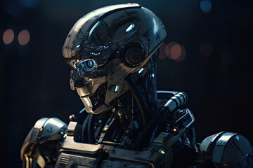 Obraz na płótnie Canvas Stylish handsome cyborg head in profile / futuristic man. Robot on black background. Generated Ai